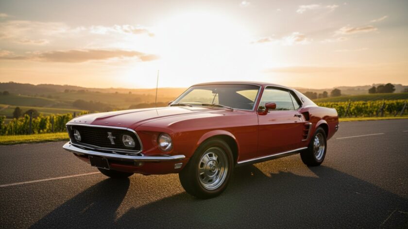 A powerful red vintage muscle car, perfectly restored, parked on a winding road with the lush, rolling hills and vineyards of Steels Creek, Victoria in the background, bathed in golden hour light, capturing the essence of a Steels Creek vintage car photography experience.