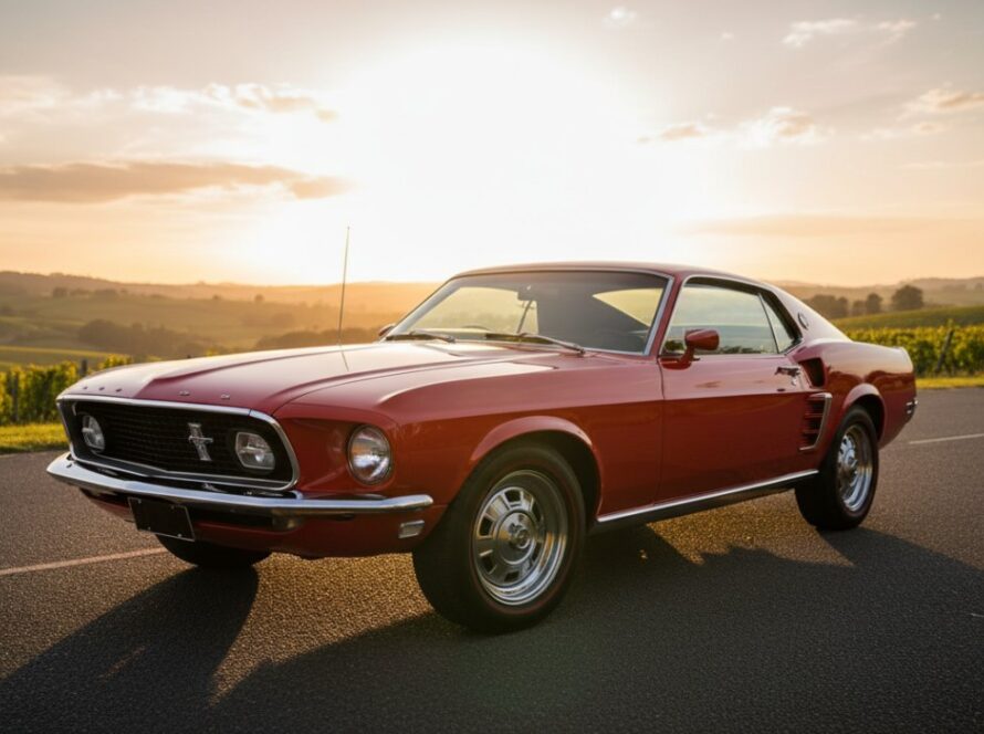 A powerful red vintage muscle car, perfectly restored, parked on a winding road with the lush, rolling hills and vineyards of Steels Creek, Victoria in the background, bathed in golden hour light, capturing the essence of a Steels Creek vintage car photography experience.