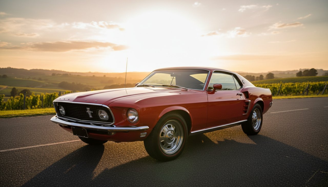 A powerful red vintage muscle car, perfectly restored, parked on a winding road with the lush, rolling hills and vineyards of Steels Creek, Victoria in the background, bathed in golden hour light, capturing the essence of a Steels Creek vintage car photography experience.