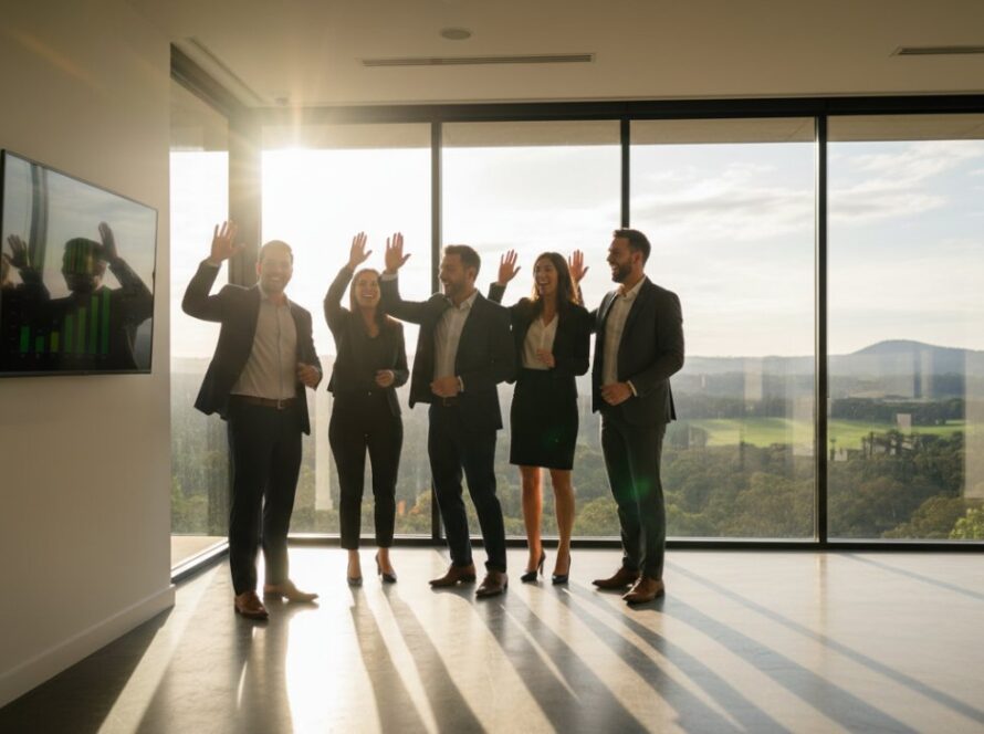 An epic moment captured in Belgrave Heights Victoria, showcasing authentic storytelling corporate photography of a diverse business team collaborating energetically in a modern, light-filled office space, with the rolling green hills of the Dandenongs visible in the background through large windows, bathed in warm, professional natural light.