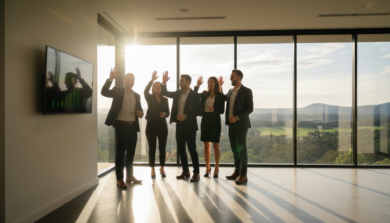 An epic moment captured in Belgrave Heights Victoria, showcasing authentic storytelling corporate photography of a diverse business team collaborating energetically in a modern, light-filled office space, with the rolling green hills of the Dandenongs visible in the background through large windows, bathed in warm, professional natural light.