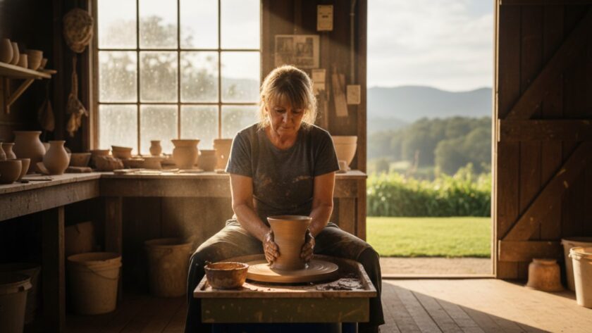 An epic moment of strategic advertising photography in Cockatoo, Victoria, showcasing a local artisan meticulously crafting wooden toys bathed in golden hour light, with the Dandenong Ranges in the soft background, highlighting authentic craftsmanship.