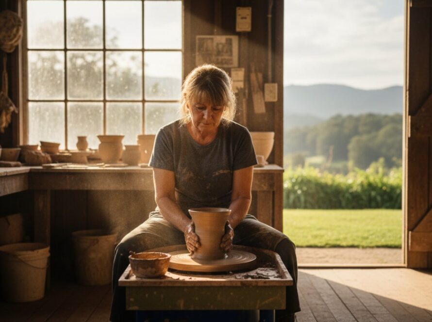 An epic moment of strategic advertising photography in Cockatoo, Victoria, showcasing a local artisan meticulously crafting wooden toys bathed in golden hour light, with the Dandenong Ranges in the soft background, highlighting authentic craftsmanship.