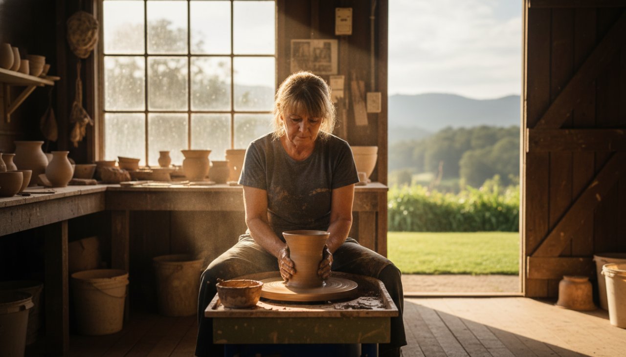 An epic moment of strategic advertising photography in Cockatoo, Victoria, showcasing a local artisan meticulously crafting wooden toys bathed in golden hour light, with the Dandenong Ranges in the soft background, highlighting authentic craftsmanship.