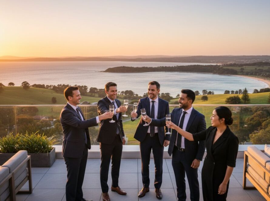 A vibrant, wide-angle shot of a diverse business team, professionally dressed, collaborating with energetic smiles against a backdrop of a modern architectural office space in the Mornington Peninsula, bathed in warm afternoon sunlight. This strategic corporate branding photography Mornington Peninsula image captures an epic moment of teamwork and local success.