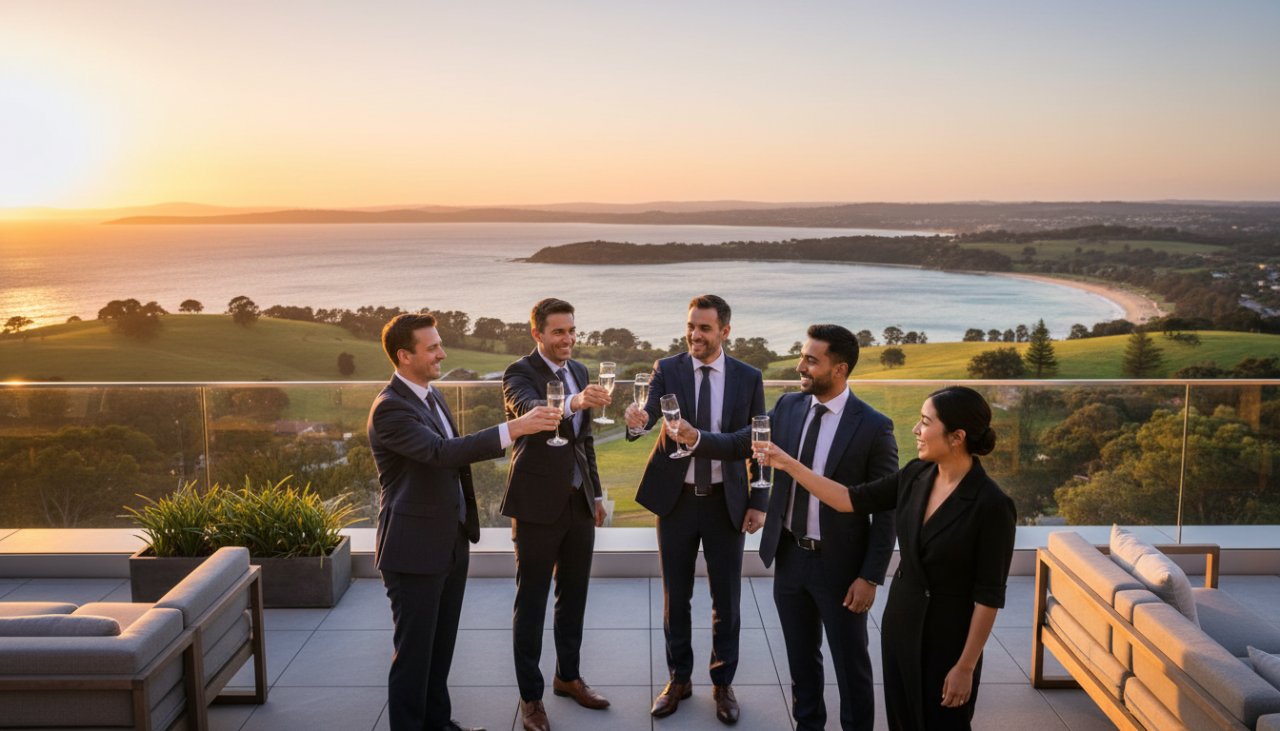 A vibrant, wide-angle shot of a diverse business team, professionally dressed, collaborating with energetic smiles against a backdrop of a modern architectural office space in the Mornington Peninsula, bathed in warm afternoon sunlight. This strategic corporate branding photography Mornington Peninsula image captures an epic moment of teamwork and local success.