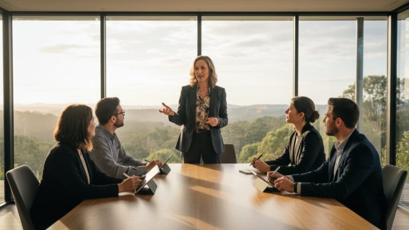 An inspiring wide shot capturing a confident CEO addressing a small, attentive team in a modern, light-filled Toolangi office space, demonstrating strategic corporate visual storytelling Toolangi VIC through dynamic leadership and engagement.
