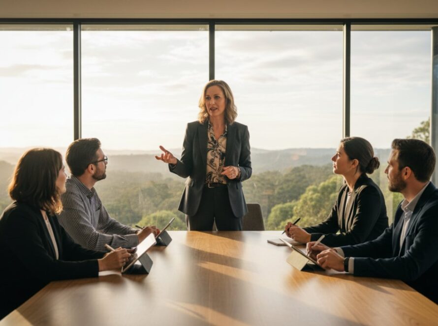 An inspiring wide shot capturing a confident CEO addressing a small, attentive team in a modern, light-filled Toolangi office space, demonstrating strategic corporate visual storytelling Toolangi VIC through dynamic leadership and engagement.