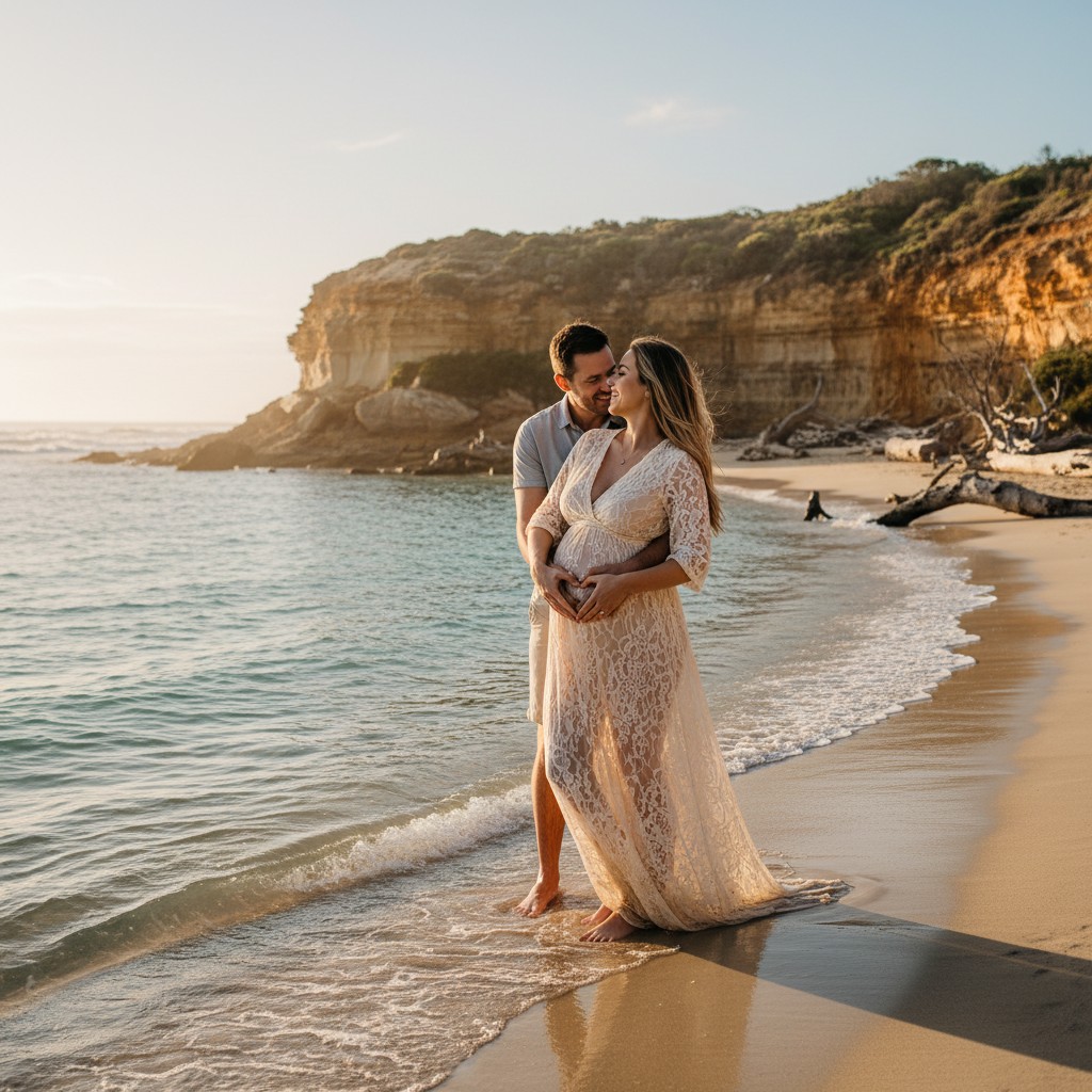 A realistic, high-quality photograph illustrating a maternity photoshoot on a pristine Australian beach, such as a secluded cove or expansive coastline. A joyful expectant couple stands near the water's edge, with the pregnant woman in a flowing dress and her partner gently embracing her from behind, their hands forming a heart shape over her baby bump. The scene is bathed in soft, natural light, focusing on their connection and the beautiful coastal environment. No text.