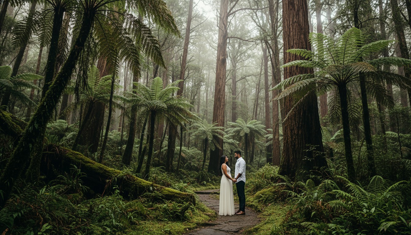 A realistic, high-quality photograph, referencing a provided sample image for style, mood, and consistent portrayal of people. A loving couple shares a tender moment amidst the lush, towering trees and dense fernery of the Dandenong Ranges, Victoria, bathed in soft, dappled natural light. The mood is serene and intimate, showcasing the region's beautiful forest landscape, suitable for a professional photography blog, without any overlaid text.