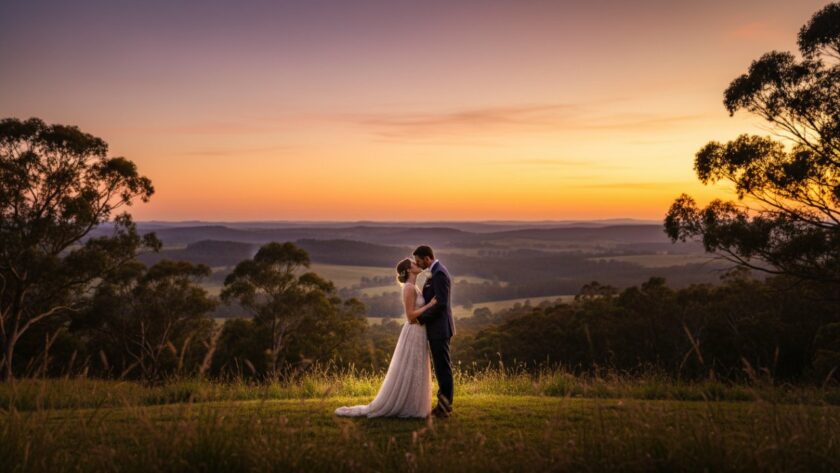An emotionally charged wide shot showcasing stunning Chum Creek wedding photography capturing rustic romance: a newlywed couple embraces at sunset, silhouetted against the rolling hills and distant ranges, with soft golden hour light bathing the scene, evoking timeless love and the natural beauty of Victoria.