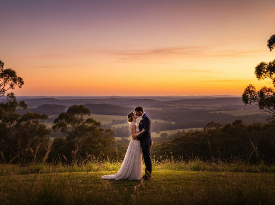 An emotionally charged wide shot showcasing stunning Chum Creek wedding photography capturing rustic romance: a newlywed couple embraces at sunset, silhouetted against the rolling hills and distant ranges, with soft golden hour light bathing the scene, evoking timeless love and the natural beauty of Victoria.