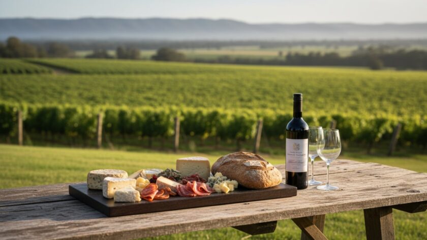An elegant, close-up shot of a gourmet cheese board from a Dixons Creek winery, perfectly lit by soft afternoon sun on a rustic wooden table, with the picturesque Yarra Valley vineyards stretching into the distance, capturing stunning Dixons Creek product photography for local brands.