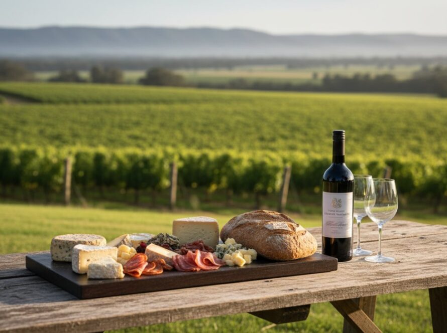 An elegant, close-up shot of a gourmet cheese board from a Dixons Creek winery, perfectly lit by soft afternoon sun on a rustic wooden table, with the picturesque Yarra Valley vineyards stretching into the distance, capturing stunning Dixons Creek product photography for local brands.