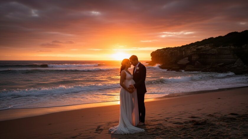A glowing expectant mother embracing her baby bump against a dramatic sunset over the Portsea coastline, perfectly capturing a stunning Portsea Victoria maternity photoshoot moment.