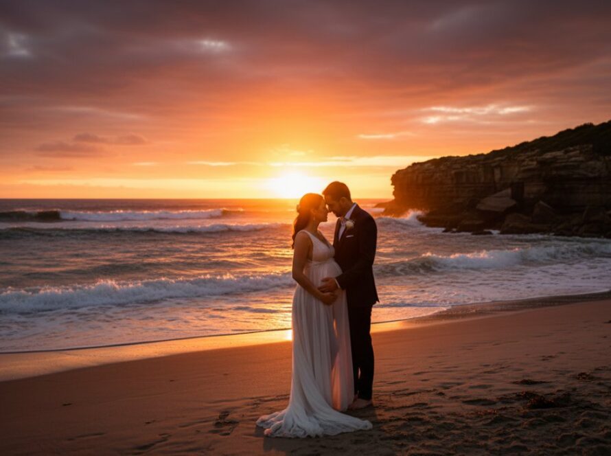 A glowing expectant mother embracing her baby bump against a dramatic sunset over the Portsea coastline, perfectly capturing a stunning Portsea Victoria maternity photoshoot moment.