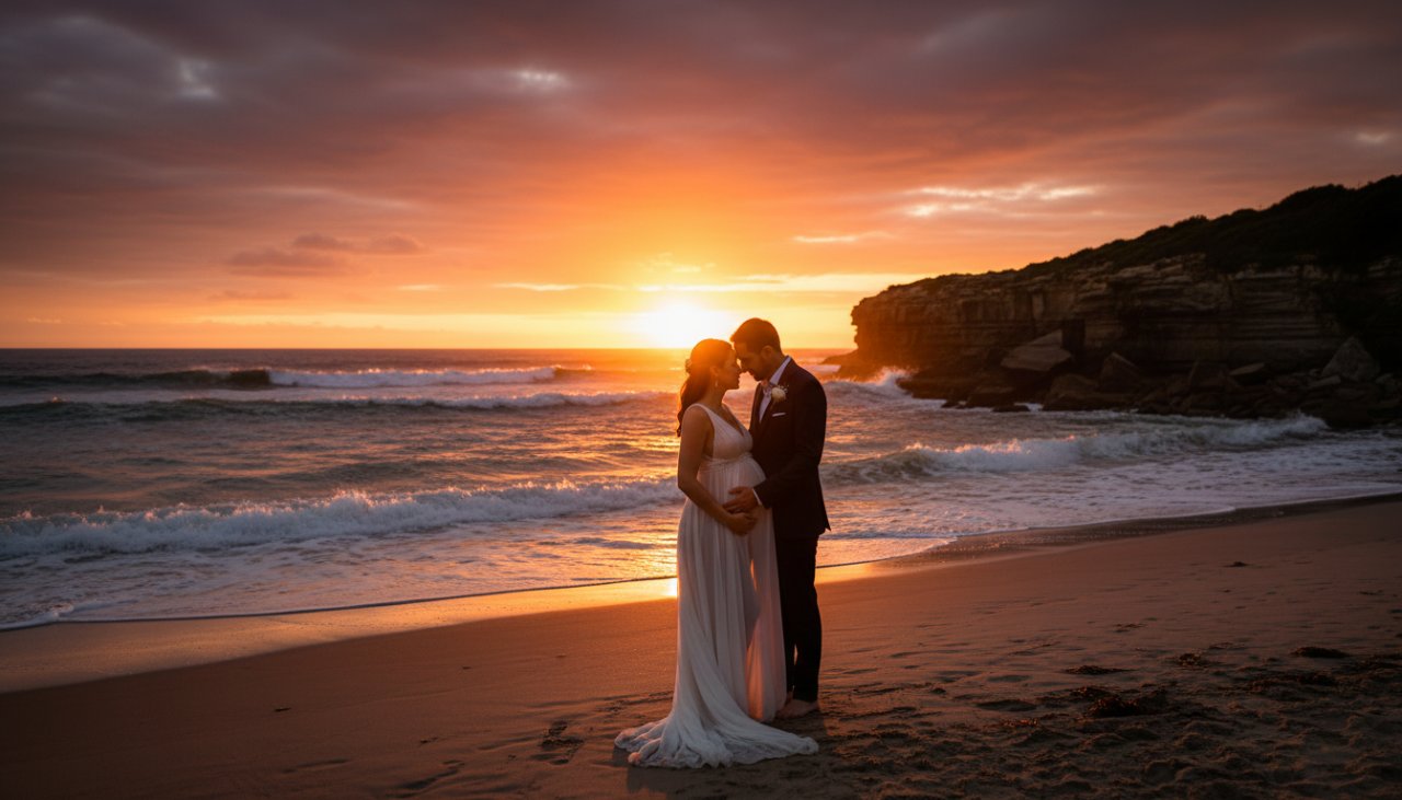 A glowing expectant mother embracing her baby bump against a dramatic sunset over the Portsea coastline, perfectly capturing a stunning Portsea Victoria maternity photoshoot moment.