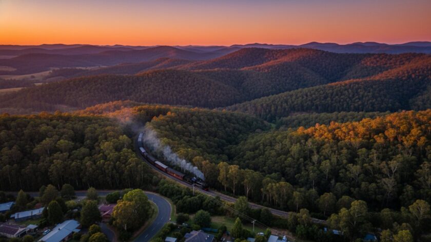 An epic moment of stunning Tecoma drone photography capturing Dandenongs charm, showcasing a vibrant sunset over the lush Tecoma hills and the iconic Puffing Billy steam train winding through the landscape, viewed from high above.