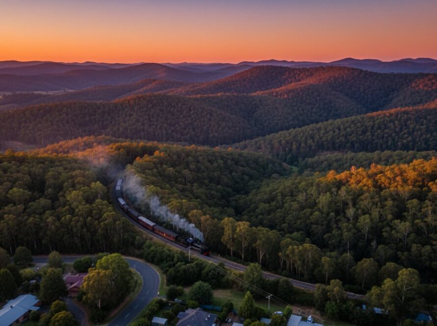 An epic moment of stunning Tecoma drone photography capturing Dandenongs charm, showcasing a vibrant sunset over the lush Tecoma hills and the iconic Puffing Billy steam train winding through the landscape, viewed from high above.