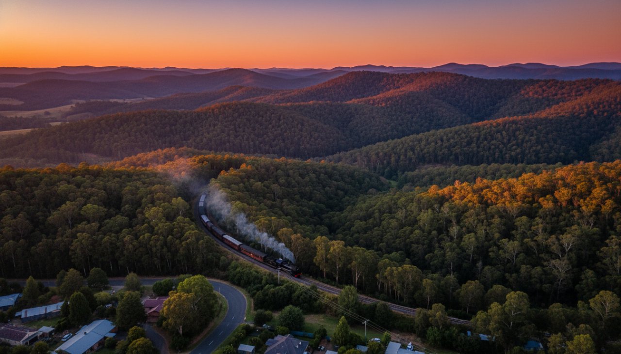 An epic moment of stunning Tecoma drone photography capturing Dandenongs charm, showcasing a vibrant sunset over the lush Tecoma hills and the iconic Puffing Billy steam train winding through the landscape, viewed from high above.