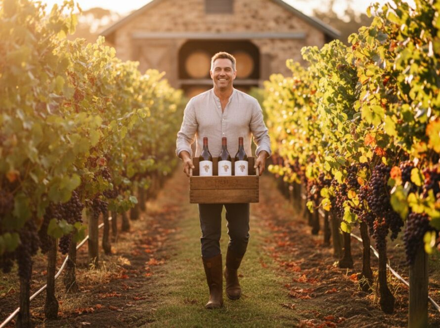 An epic moment of stunning Yarra Glen advertising photography, capturing a local winemaker passionately presenting a bottle of his artisanal wine amidst the golden hour glow of a rolling Yarra Valley vineyard.
