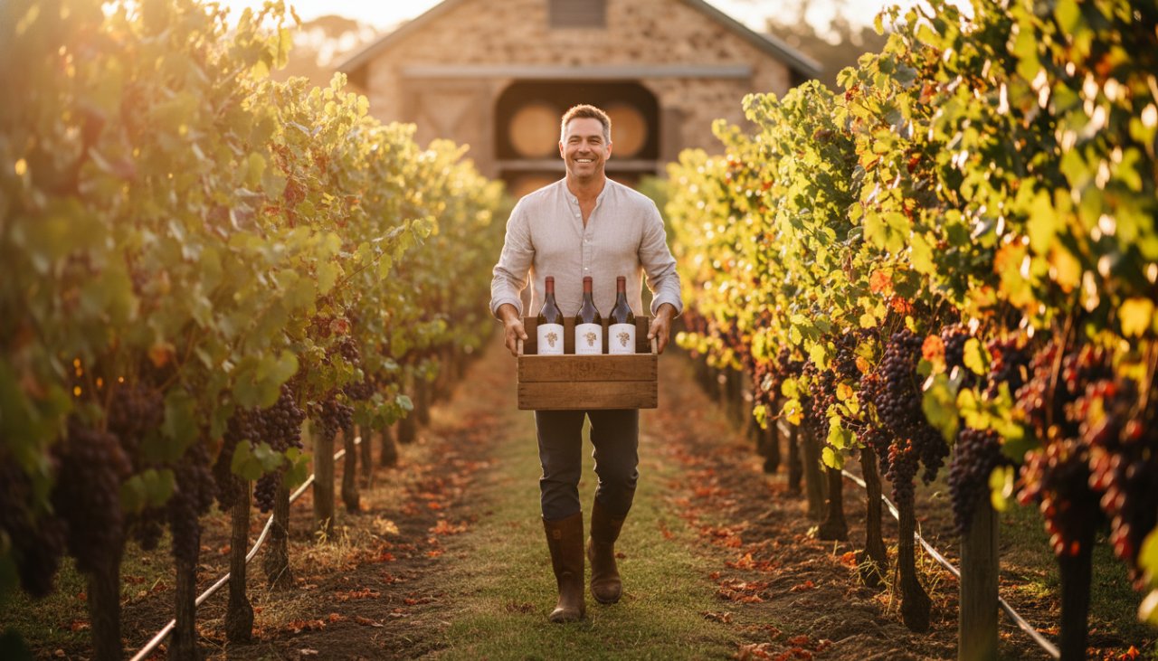 An epic moment of stunning Yarra Glen advertising photography, capturing a local winemaker passionately presenting a bottle of his artisanal wine amidst the golden hour glow of a rolling Yarra Valley vineyard.