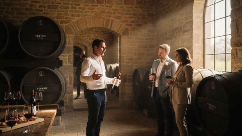An epic moment captured in Yering, Victoria, showcasing tailored commercial photography for a boutique winery, with a photographer expertly framing a bottle amidst golden hour light in the vineyard, conveying sophistication and local flavour.