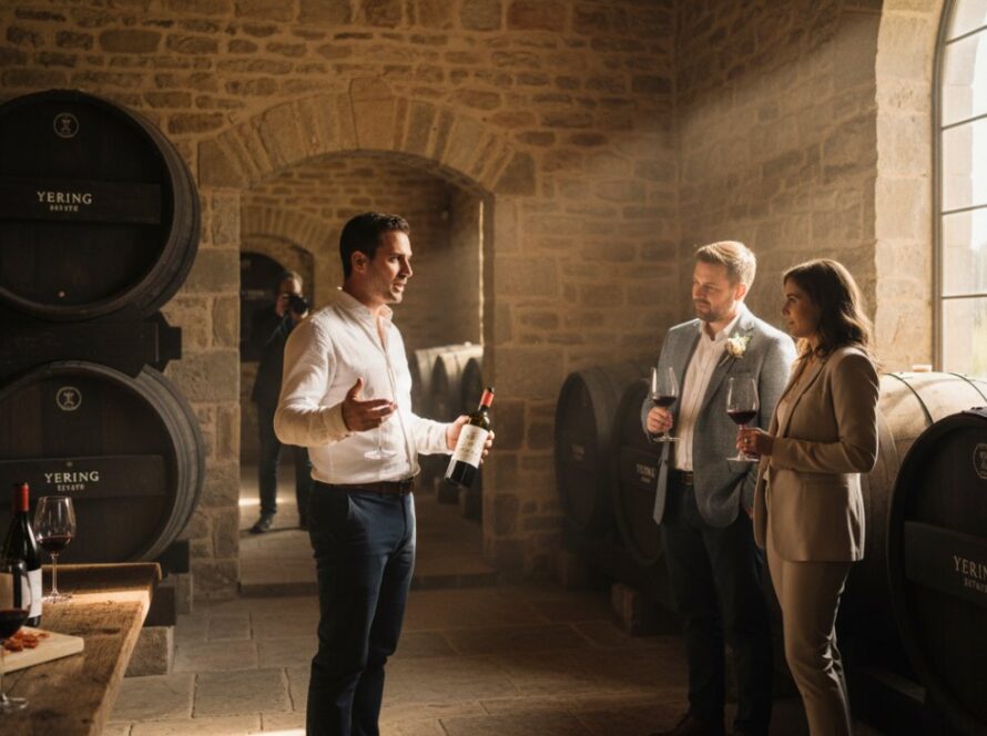 An epic moment captured in Yering, Victoria, showcasing tailored commercial photography for a boutique winery, with a photographer expertly framing a bottle amidst golden hour light in the vineyard, conveying sophistication and local flavour.