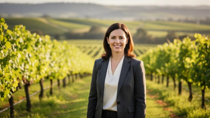 A powerful, cinematic portrait of a successful professional standing confidently in a vineyard at sunset, subtly representing their connection to Dixons Creek, capturing the essence of Tailored Corporate Headshots Dixons Creek Professionals.