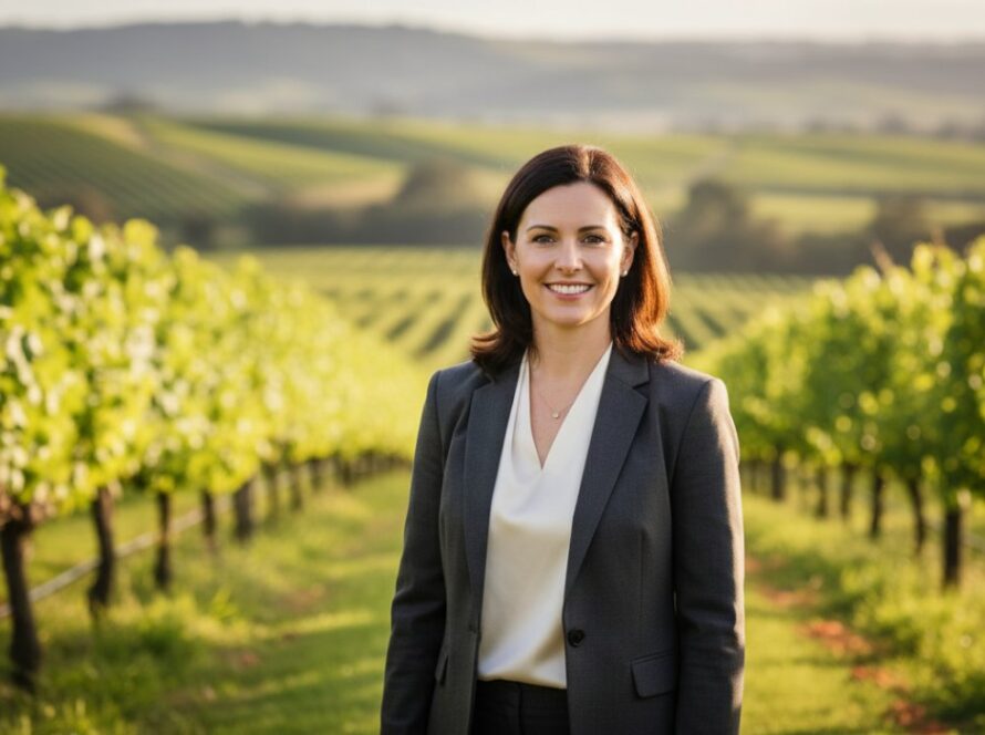 A powerful, cinematic portrait of a successful professional standing confidently in a vineyard at sunset, subtly representing their connection to Dixons Creek, capturing the essence of Tailored Corporate Headshots Dixons Creek Professionals.