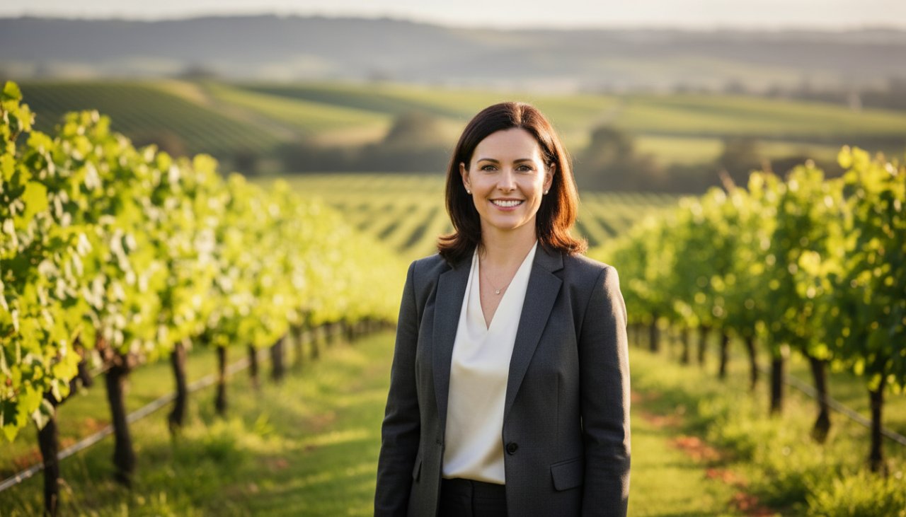 A powerful, cinematic portrait of a successful professional standing confidently in a vineyard at sunset, subtly representing their connection to Dixons Creek, capturing the essence of Tailored Corporate Headshots Dixons Creek Professionals.