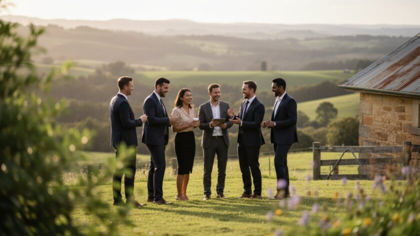 A dynamic, cinematic shot of a diverse business team in Gembrook, smiling confidently outdoors, with the Dandenong Ranges in the background. Features tailored corporate headshots Gembrook businesses can showcase, highlighting professionalism and local connection.