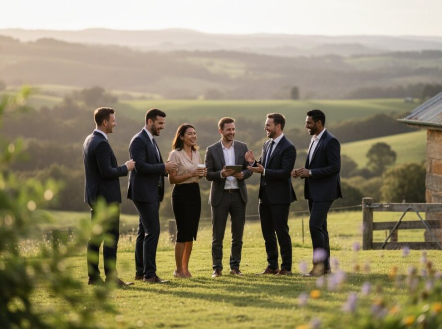 A dynamic, cinematic shot of a diverse business team in Gembrook, smiling confidently outdoors, with the Dandenong Ranges in the background. Features tailored corporate headshots Gembrook businesses can showcase, highlighting professionalism and local connection.
