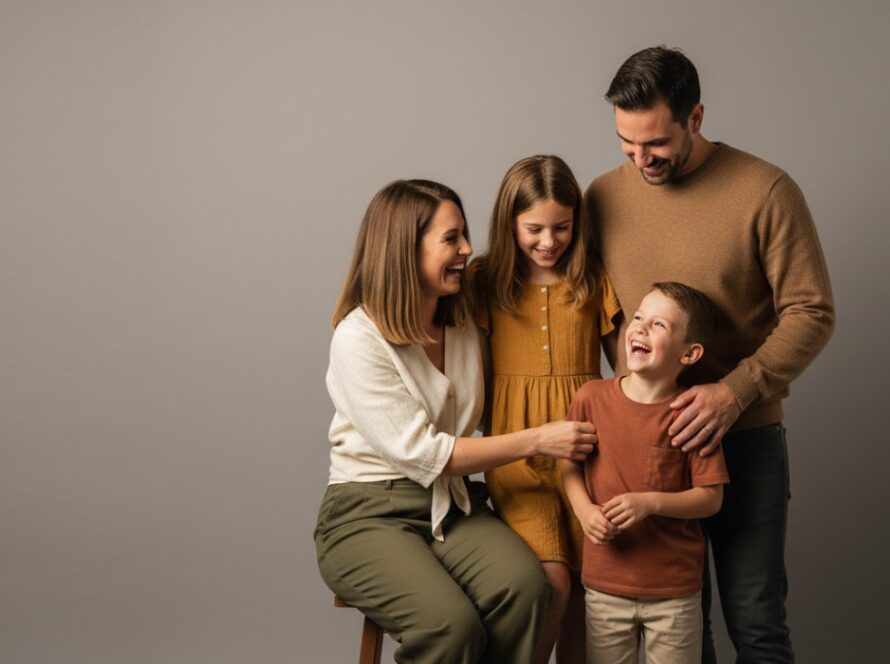 A heartwarming, candid moment captured during a tailored studio photography session in Upwey, featuring a family laughing joyfully, bathed in soft, professional lighting, creating vibrant portraits filled with genuine emotion.