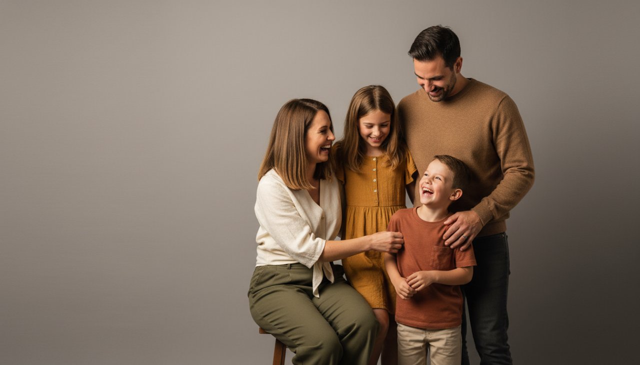 A heartwarming, candid moment captured during a tailored studio photography session in Upwey, featuring a family laughing joyfully, bathed in soft, professional lighting, creating vibrant portraits filled with genuine emotion.