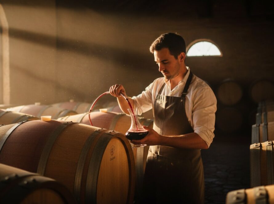 An epic moment of a local artisan meticulously crafting a custom wine barrel in a rustic Tarrawarra workshop, bathed in golden afternoon light, showcasing the quality and craftsmanship for Tarrawarra advertising photography for local businesses.