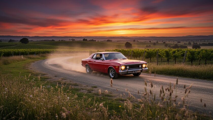 An epic moment captured in a Tarrawarra classic car photography experience, featuring a gleaming vintage muscle car driving along a winding country road at sunset, with golden light illuminating the vineyard-laden hills of Tarrawarra, Victoria, in the background, showcasing its powerful silhouette and the scenic beauty.