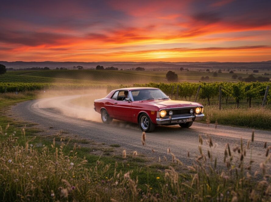 An epic moment captured in a Tarrawarra classic car photography experience, featuring a gleaming vintage muscle car driving along a winding country road at sunset, with golden light illuminating the vineyard-laden hills of Tarrawarra, Victoria, in the background, showcasing its powerful silhouette and the scenic beauty.