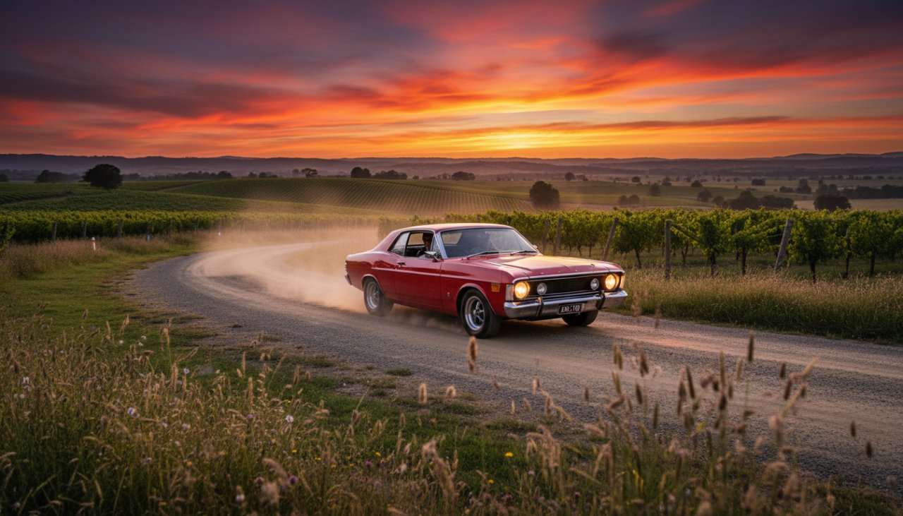 An epic moment captured in a Tarrawarra classic car photography experience, featuring a gleaming vintage muscle car driving along a winding country road at sunset, with golden light illuminating the vineyard-laden hills of Tarrawarra, Victoria, in the background, showcasing its powerful silhouette and the scenic beauty.