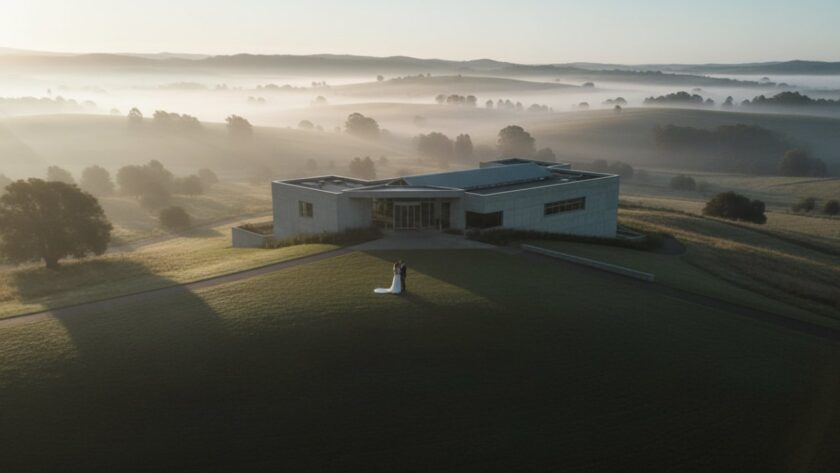 An aerial view capturing the elegant curves of a modern Tarrawarra winery building at dawn, showcasing its integration with the Yarra Valley landscape, a stunning example of Tarrawarra contemporary architecture photography tips.