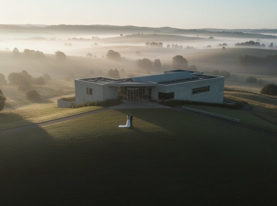 An aerial view capturing the elegant curves of a modern Tarrawarra winery building at dawn, showcasing its integration with the Yarra Valley landscape, a stunning example of Tarrawarra contemporary architecture photography tips.