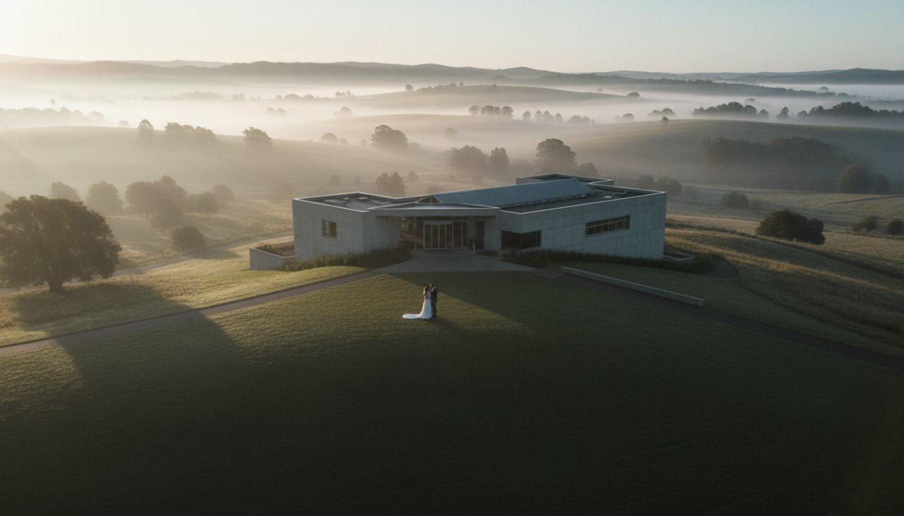 An aerial view capturing the elegant curves of a modern Tarrawarra winery building at dawn, showcasing its integration with the Yarra Valley landscape, a stunning example of Tarrawarra contemporary architecture photography tips.