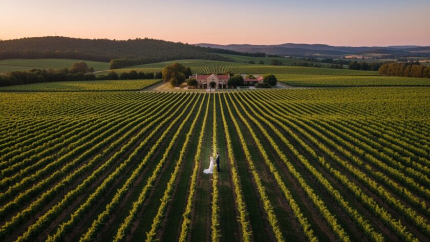 An epic aerial shot of a couple holding hands in a stunning Tarrawarra vineyard at sunset, showcasing the beauty of Tarrawarra Drone Photography for Vineyard Weddings, with a drone capturing the moment from above.