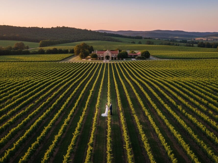 An epic aerial shot of a couple holding hands in a stunning Tarrawarra vineyard at sunset, showcasing the beauty of Tarrawarra Drone Photography for Vineyard Weddings, with a drone capturing the moment from above.