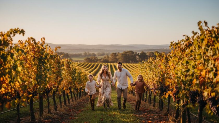 An epic moment of a young family laughing joyfully amidst the golden vineyards of Tarrawarra, Victoria, their arms linked, bathed in warm afternoon light, perfectly showcasing Tarrawarra family photography capturing genuine moments.