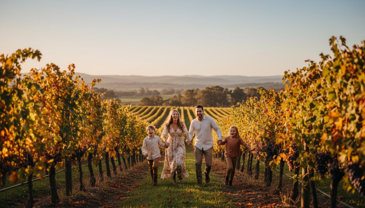 An epic moment of a young family laughing joyfully amidst the golden vineyards of Tarrawarra, Victoria, their arms linked, bathed in warm afternoon light, perfectly showcasing Tarrawarra family photography capturing genuine moments.