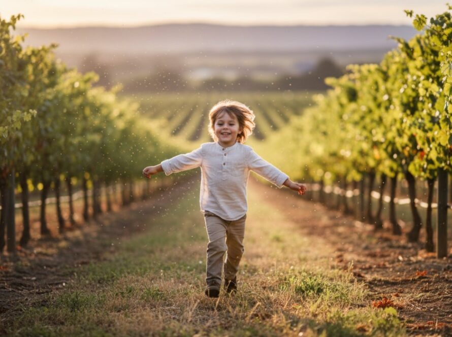 A vibrant, candid photograph capturing a moment of pure childhood joy during a Tarrawarra Kids Photography Capturing Childhood Joy session, featuring a child running through a sun-dappled vineyard with arms outstretched, backlit by golden hour light, their laughter echoing through the air.