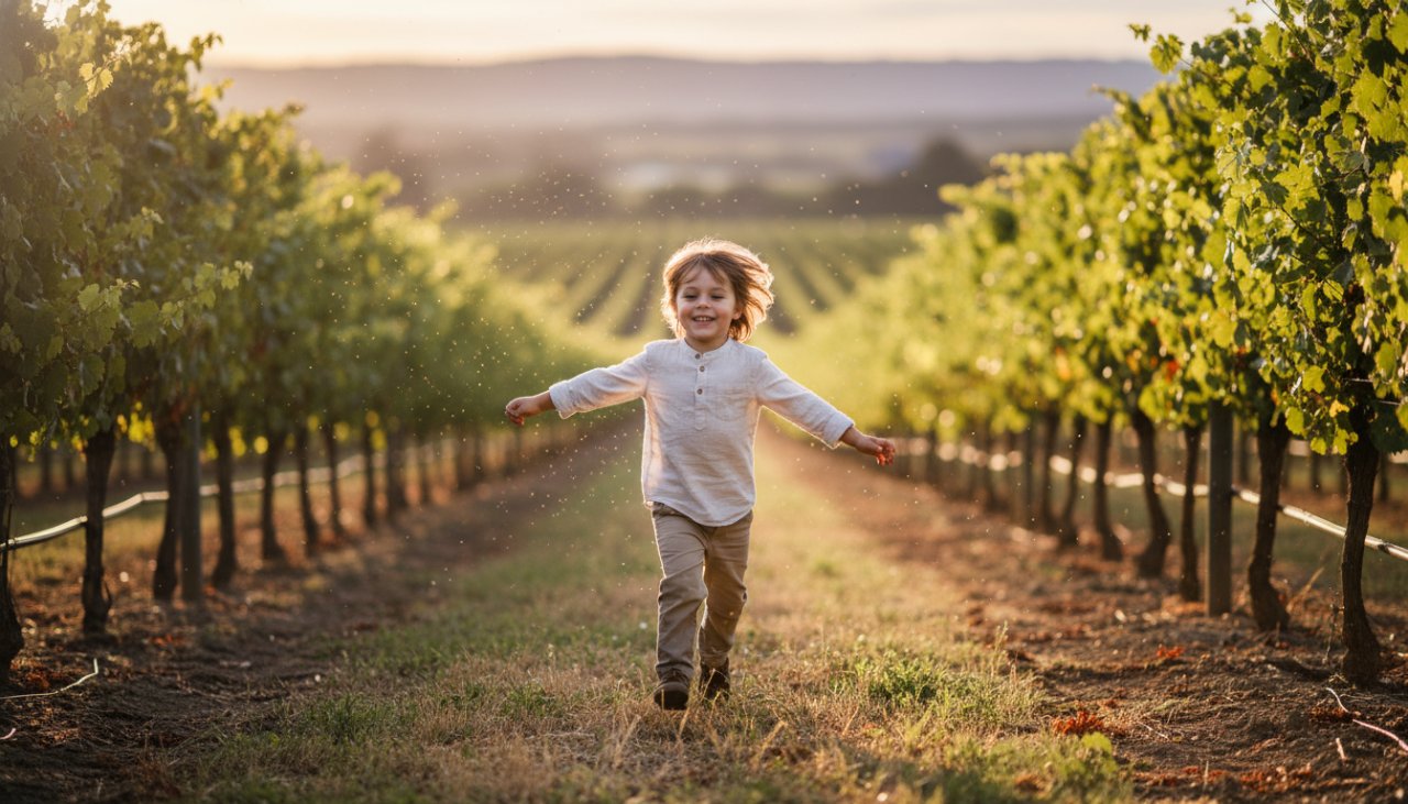 A vibrant, candid photograph capturing a moment of pure childhood joy during a Tarrawarra Kids Photography Capturing Childhood Joy session, featuring a child running through a sun-dappled vineyard with arms outstretched, backlit by golden hour light, their laughter echoing through the air.