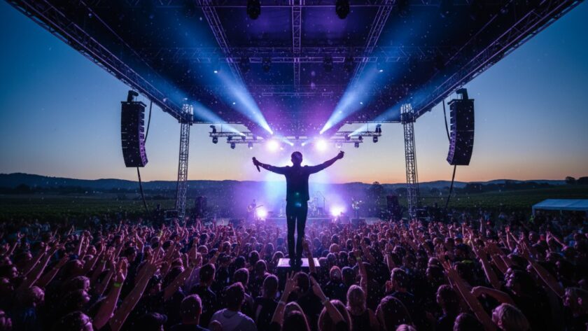 Dynamic wide shot of a band performing on stage at an outdoor Tarrawarra music festival, lights blazing, crowd cheering, perfectly illustrating Tarrawarra live music photography capturing unique energy.