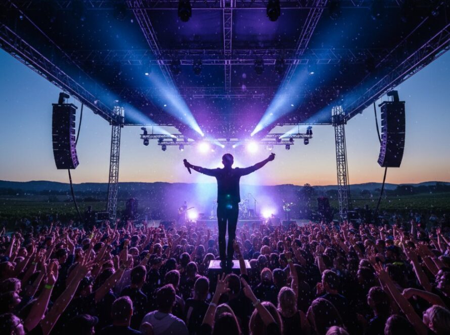 Dynamic wide shot of a band performing on stage at an outdoor Tarrawarra music festival, lights blazing, crowd cheering, perfectly illustrating Tarrawarra live music photography capturing unique energy.